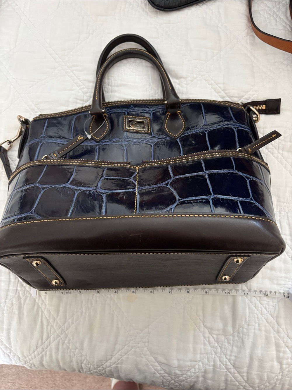 Dooney & Bourke Navy Croc-Embossed Satchel with Dark Brown Trim
